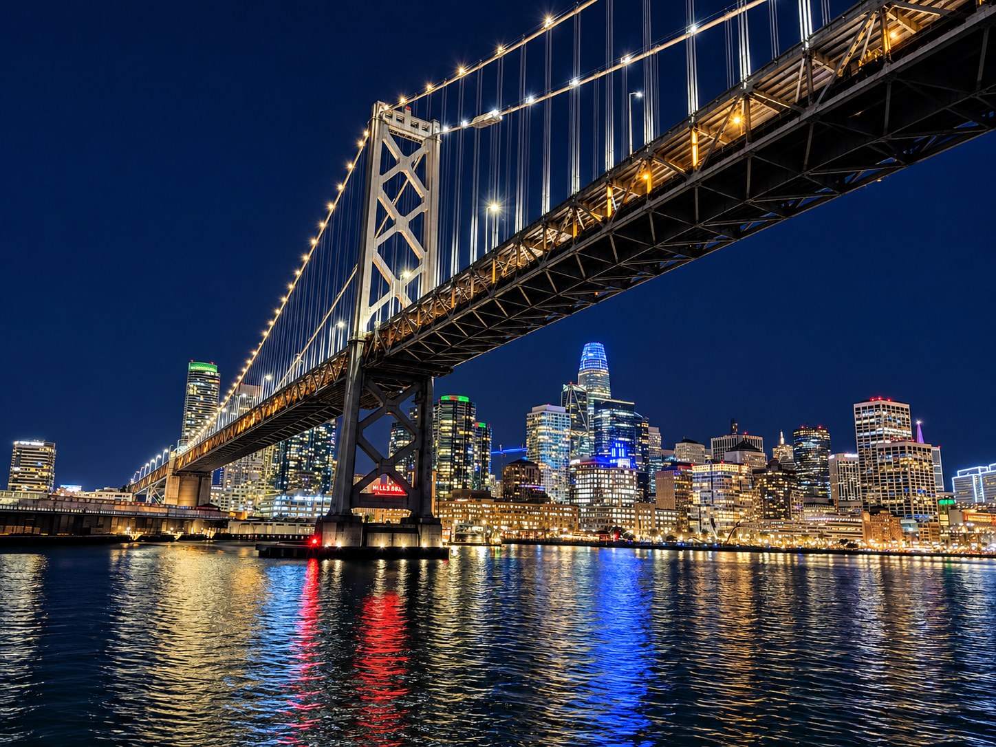 The Bay Bridge and city at night