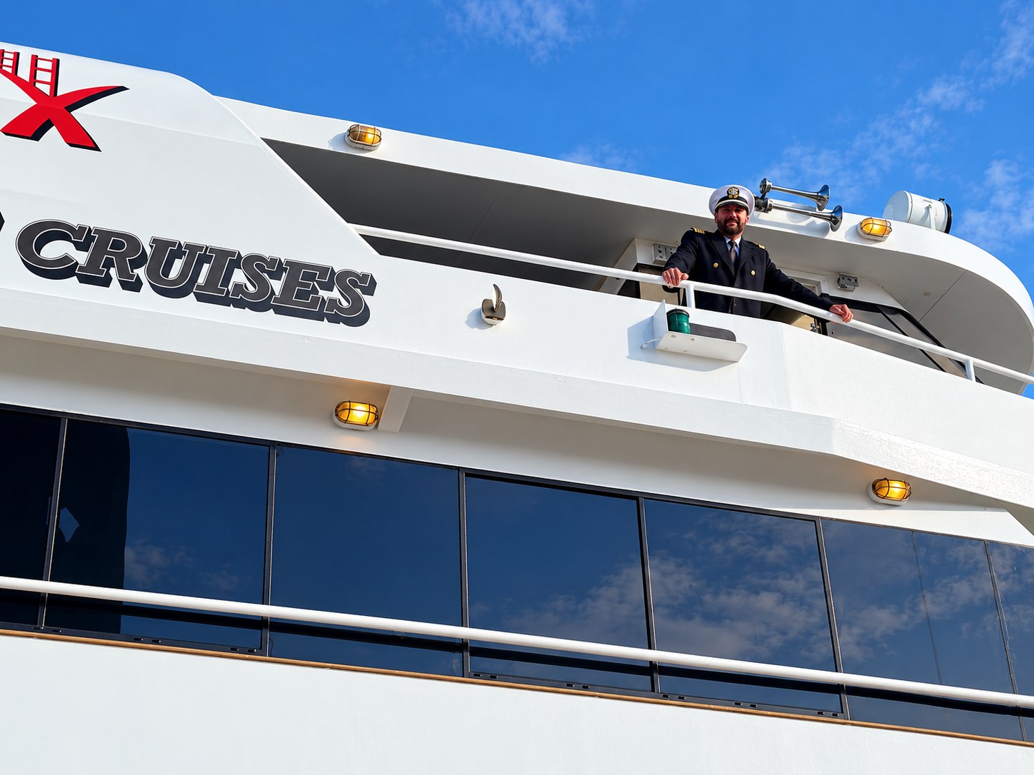 Captain Arlan on the bridge wing of a charter yacht