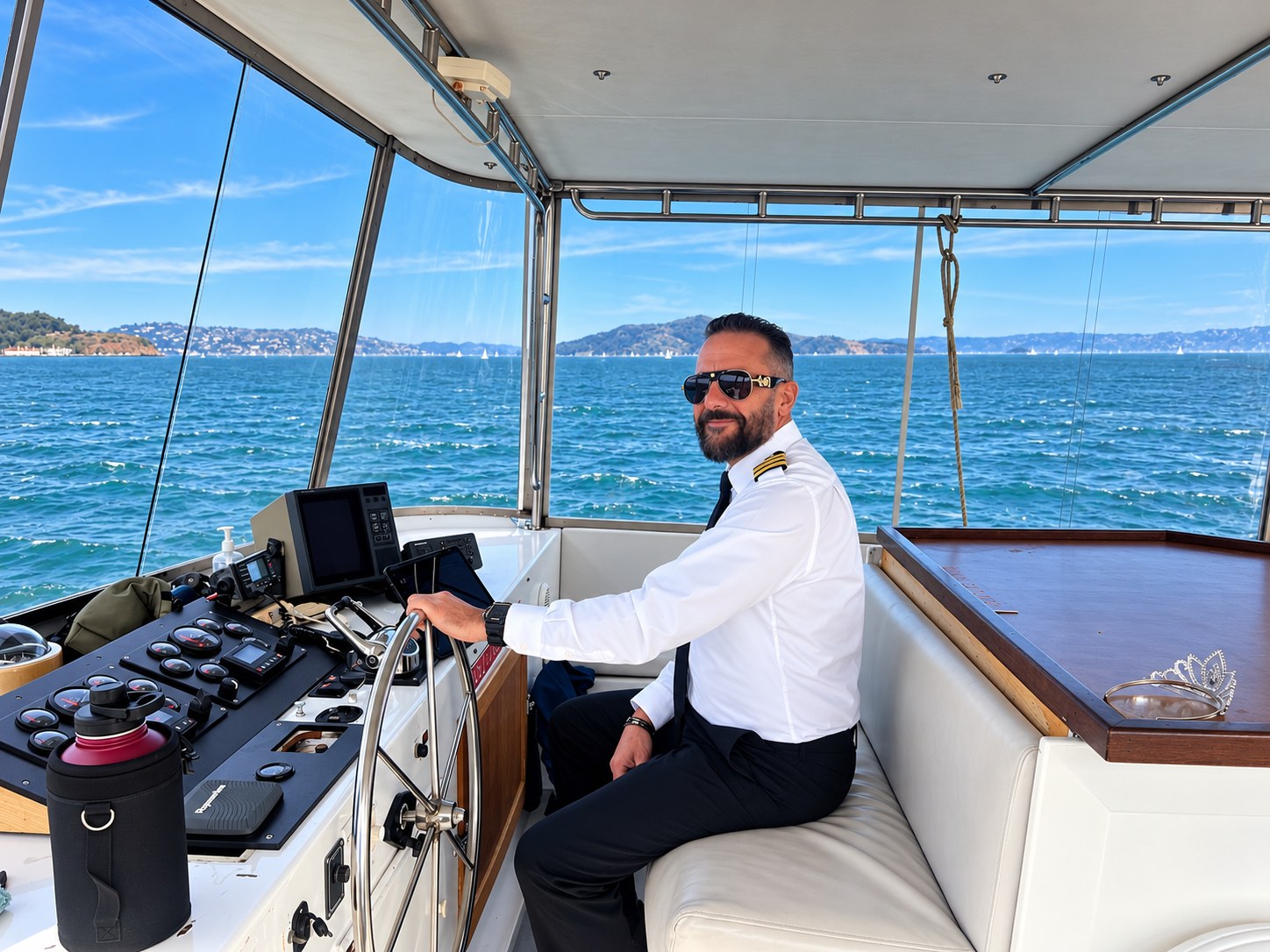 At the helm on San Francisco Bay